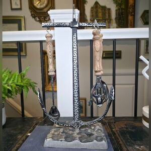 Vintage MCM Anchor Bar Tool Set Wood Handle Hammered Metal Stand Made in Japan